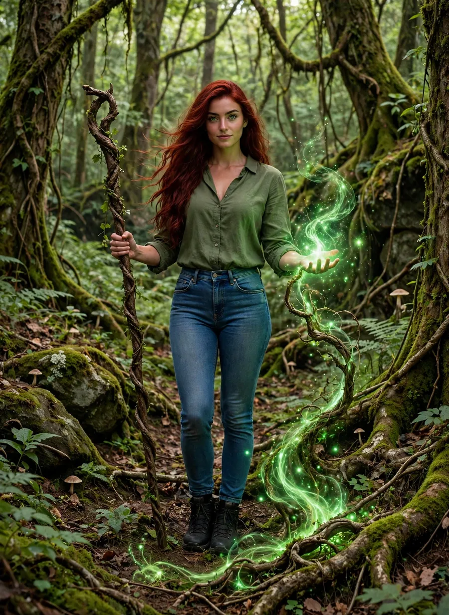 Bailey Kett in the forest, holding a twisted oak staff, green magic glowing in her open palm