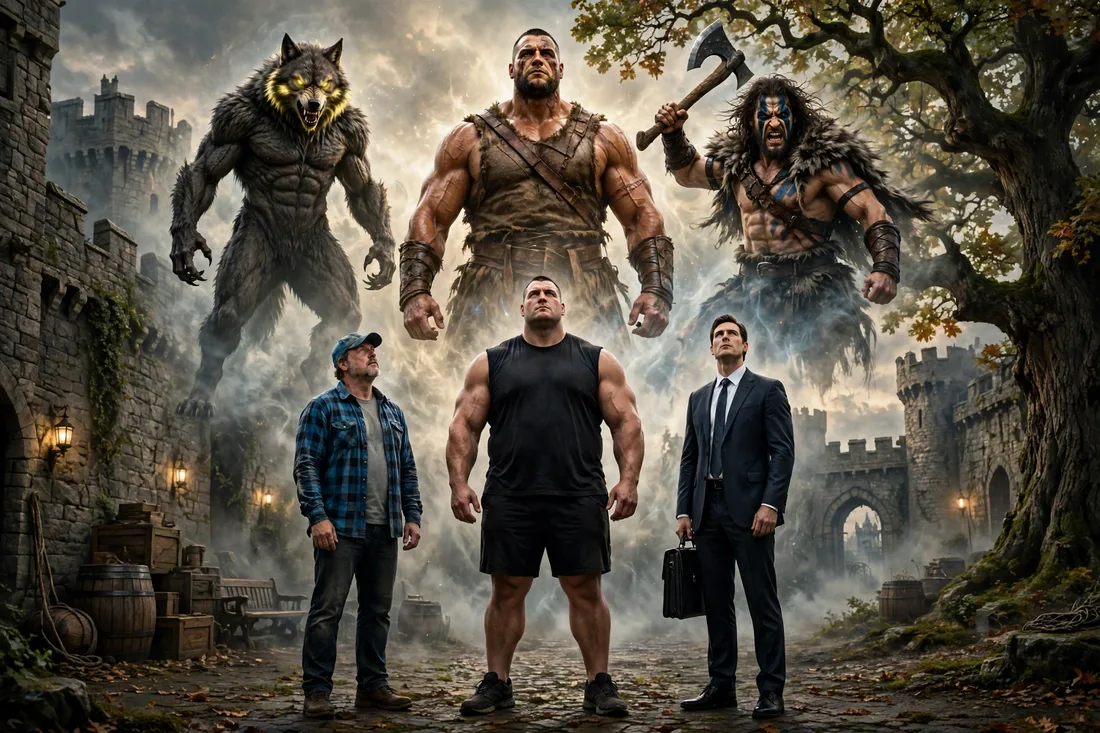 Clay, Bryce and Henry of Frost's Folly — the three men in human form below, and transformed above: werewolf, Earthen, and berserker