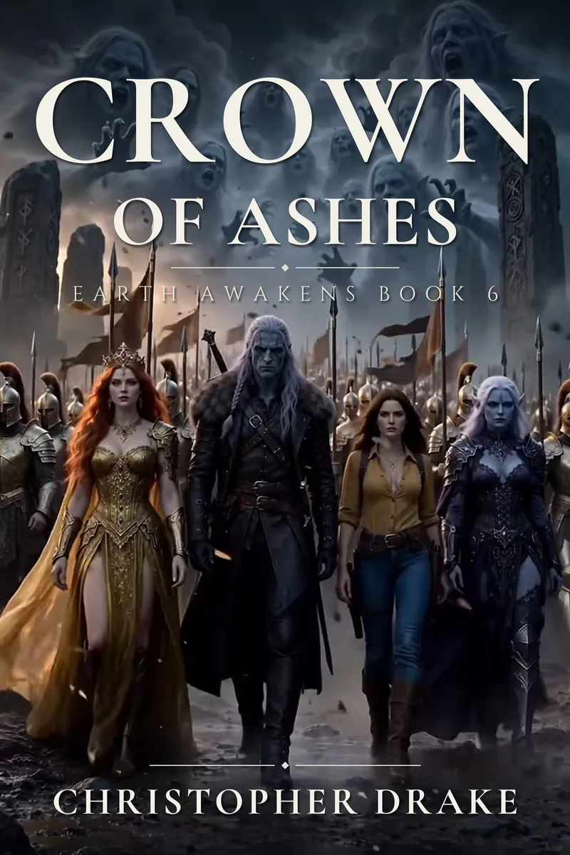 Cover of Crown of Ashes, Earth Awakens Book 6 by Christopher Drake — the procession on the Gray Road