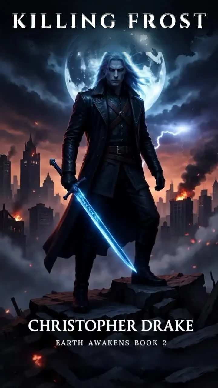 Cover of Killing Frost, Earth Awakens Book 2 by Christopher Drake — the Winter King with a glowing blue sword beneath a full moon, a burning city behind him