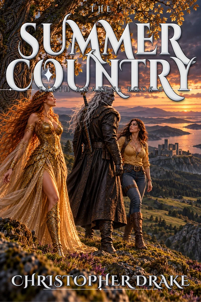 Cover of The Summer Country, Earth Awakens Book 5 by Christopher Drake — the Summer Queen, the Winter King and Kathy beneath a golden tree