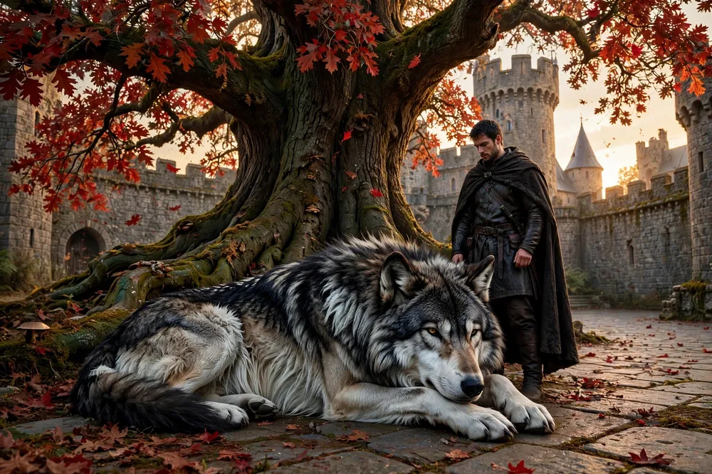 Fenrir, the enormous sable, silver and white wolf, beneath the Great Oak in the Frost's Folly courtyard