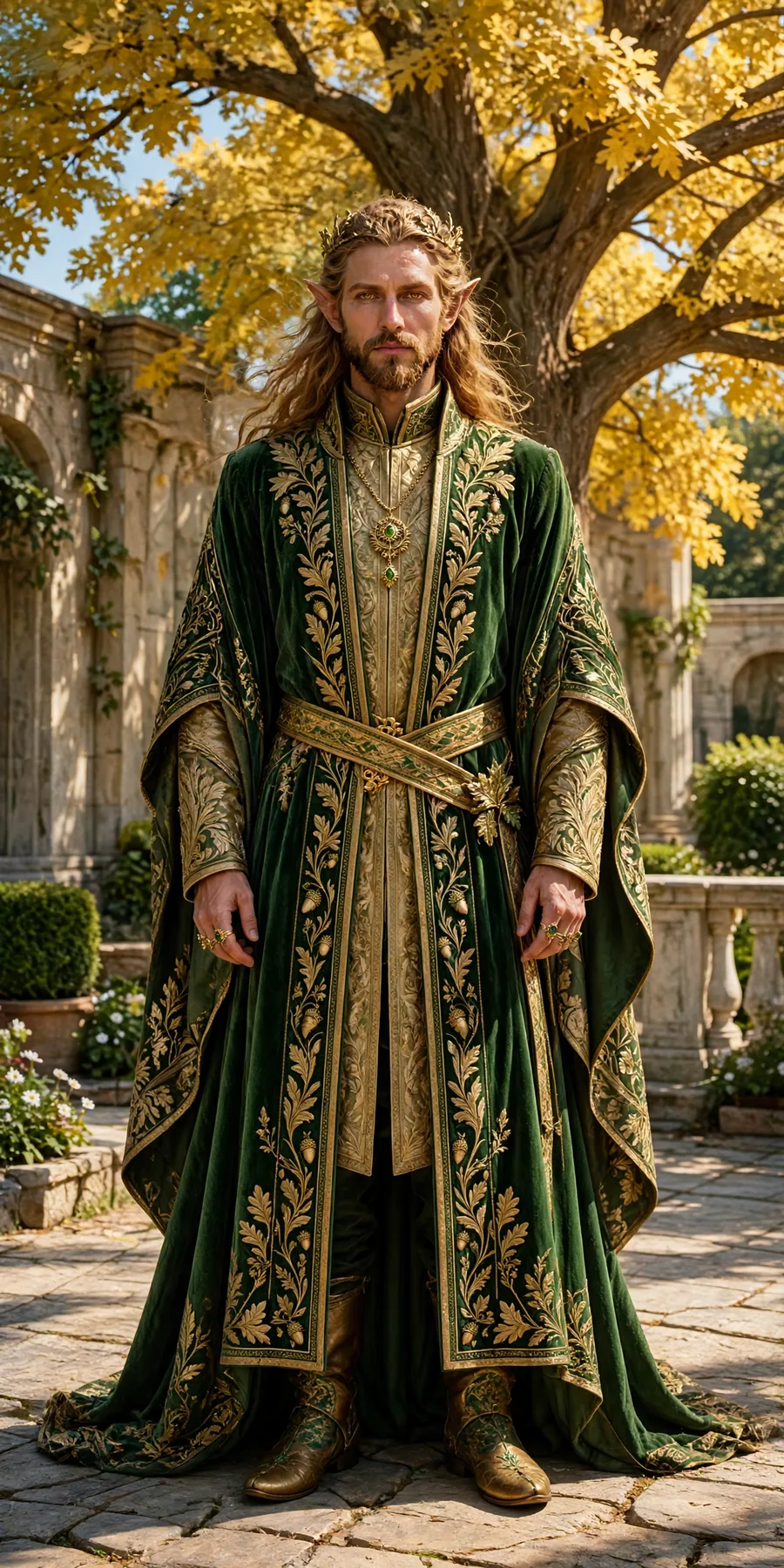 Oberon, King of the Summer Court — golden armor, crown of golden oak branches, sword at his hip
