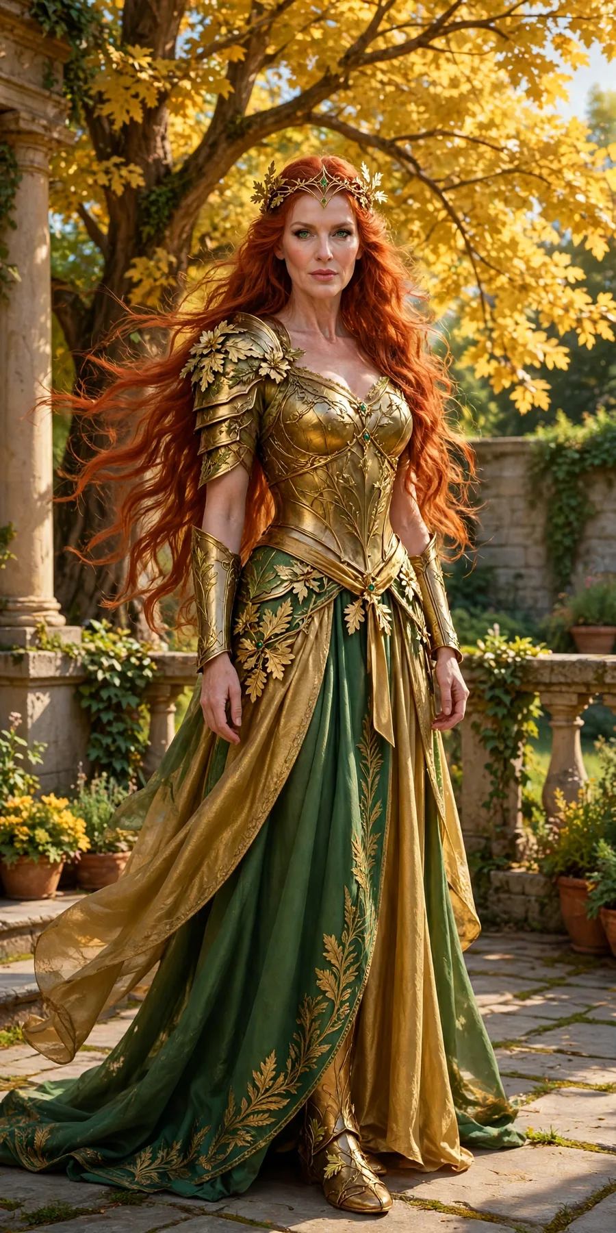 The Summer Queen of the Fae — long red hair, golden armor and green-and-gold gown, beneath a golden tree